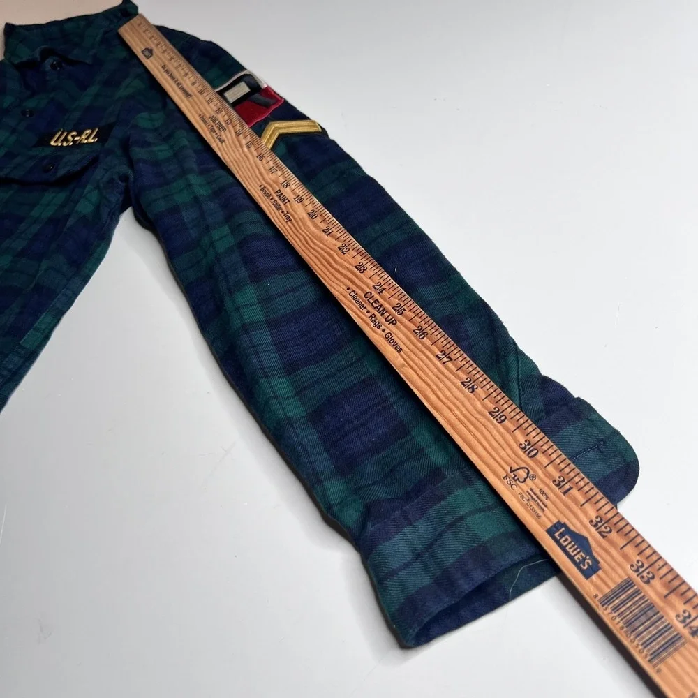 Polo Ralph Lauren Shirt Mens M Green Plaid Flannel Long Sleeve Military Patches